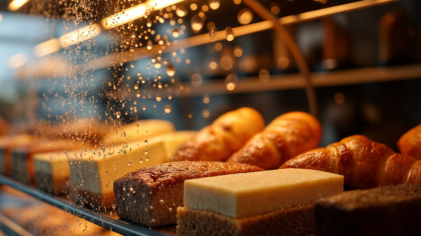 Water beading on a pastry — food-contact hydrophobic finish